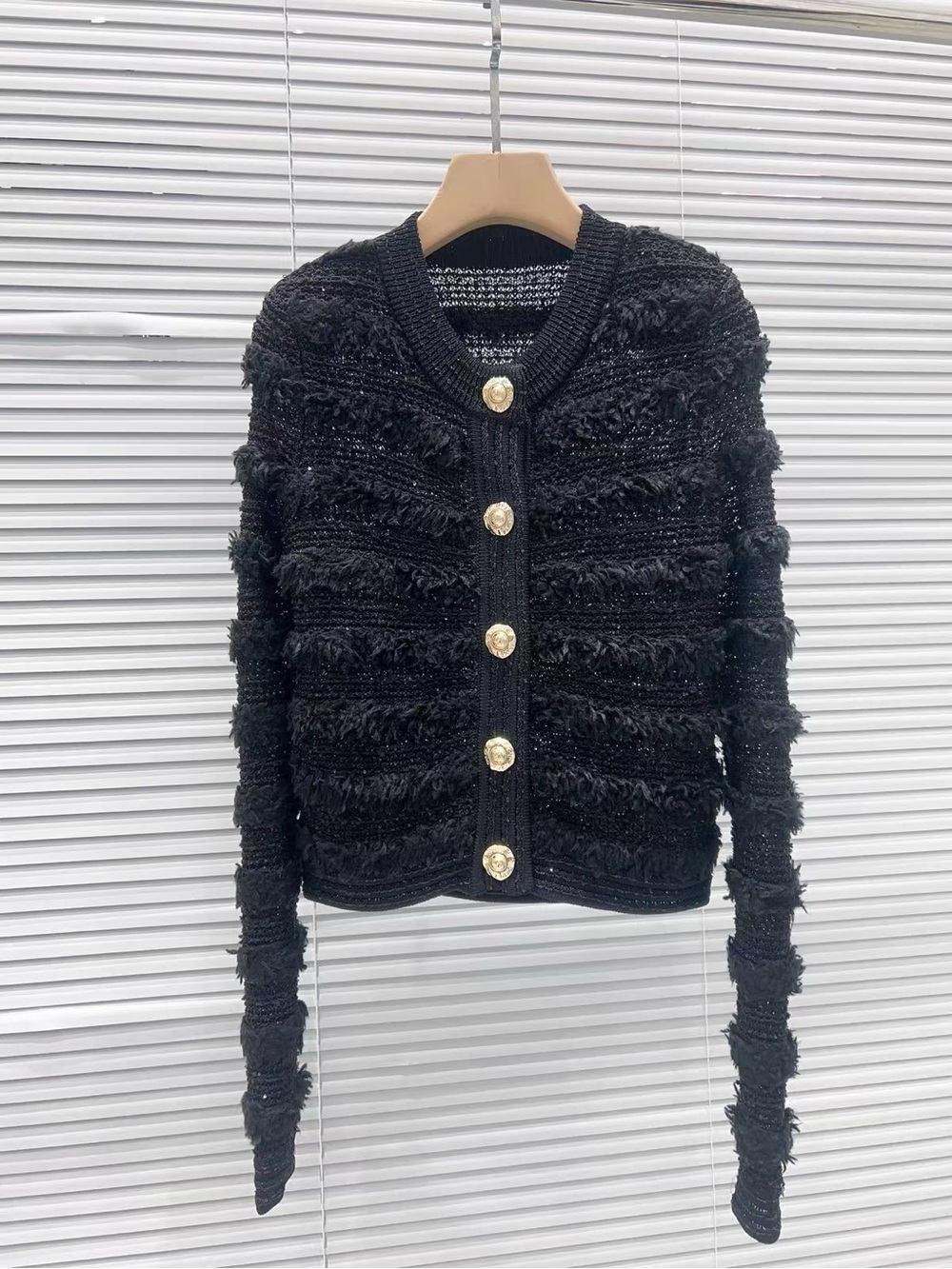 Luxury Black Metallic Tweed Cardigan with Gold Buttons